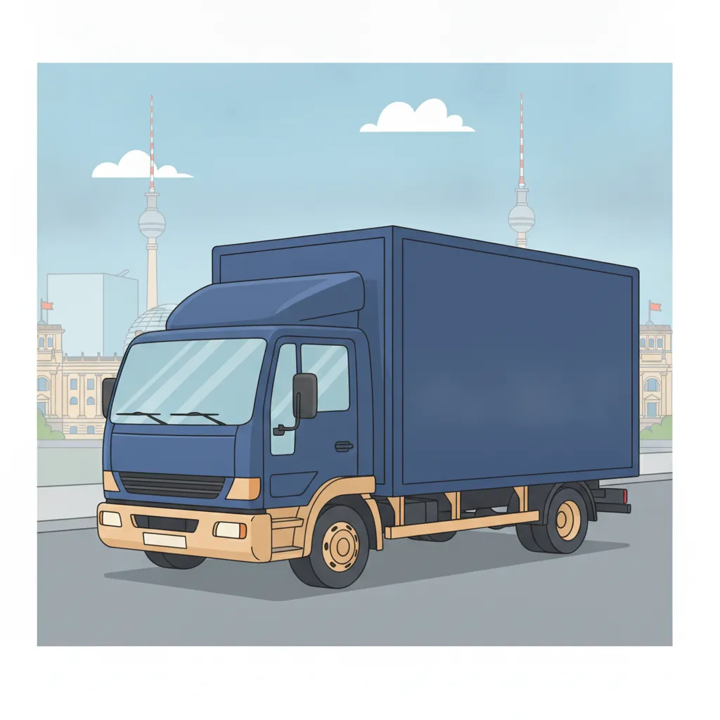 Comic-Illustration: geschlossener Umzugstransporter erreicht Berlin – Umzug von Leipzig nach Berlin