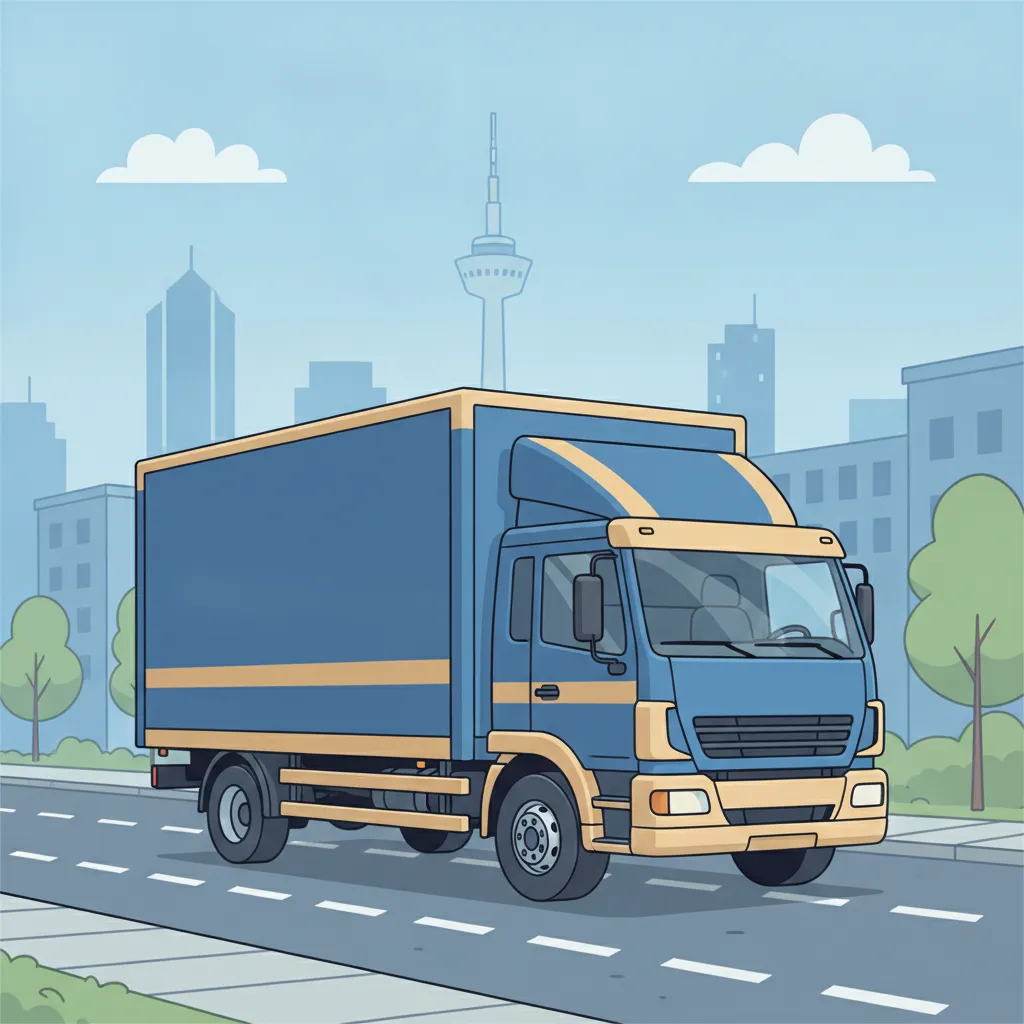 Comic-Illustration: geschlossener Umzugstransporter erreicht Dortmund – Umzug von Leipzig nach Dortmund