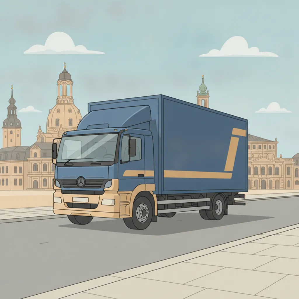 Comic-Illustration: geschlossener Umzugstransporter erreicht Dresden – Umzug von Leipzig nach Dresden