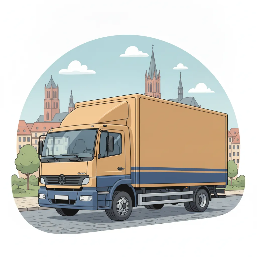 Comic-Illustration: geschlossener Umzugstransporter erreicht Erfurt – Umzug von Leipzig nach Erfurt