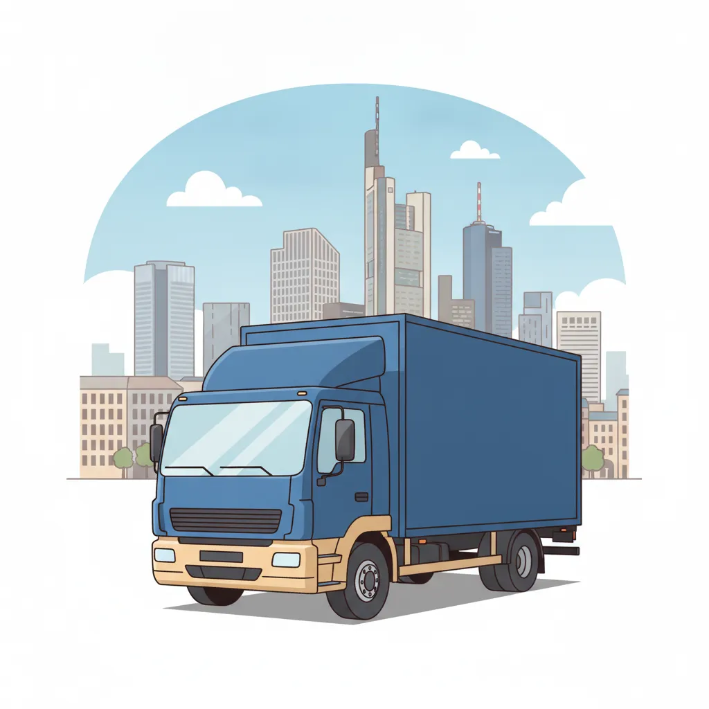 Comic-Illustration: geschlossener Umzugstransporter erreicht Frankfurt – Umzug von Leipzig nach Frankfurt