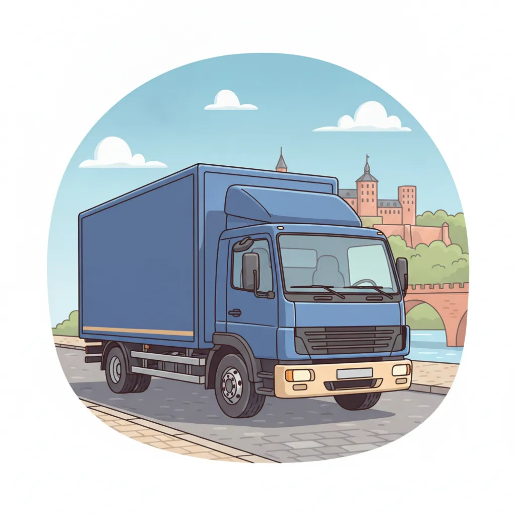 Comic-Illustration: geschlossener Umzugstransporter erreicht Heidelberg – Umzug von Leipzig nach Heidelberg