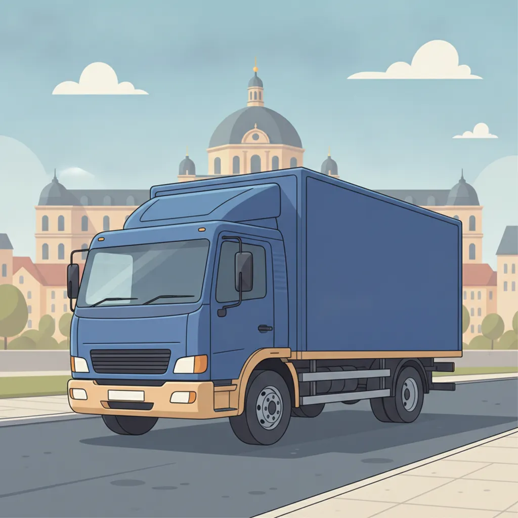 Comic-Illustration: geschlossener Umzugstransporter erreicht Karlsruhe – Umzug von Leipzig nach Karlsruhe