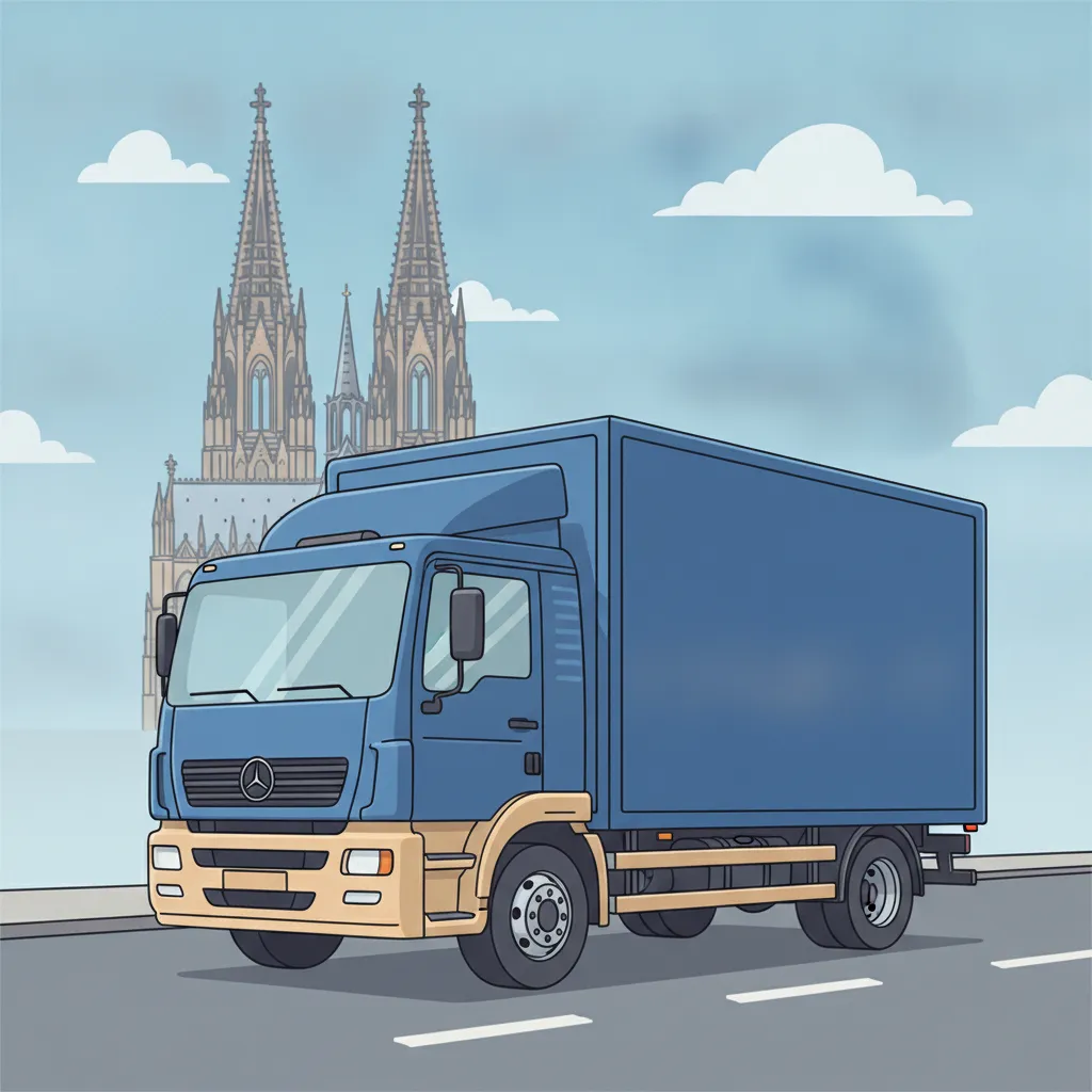 Comic-Illustration: geschlossener Umzugstransporter erreicht Köln – Umzug von Leipzig nach Köln
