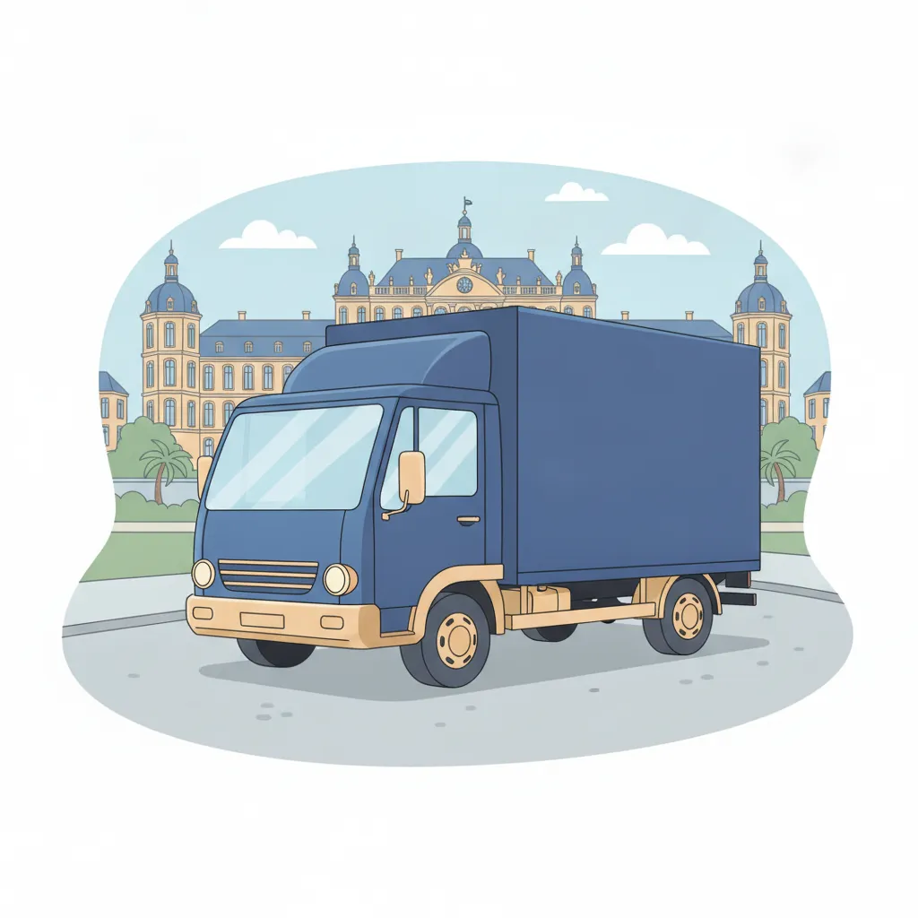 Comic-Illustration: geschlossener Umzugstransporter erreicht Ludwigsburg – Umzug von Leipzig nach Ludwigsburg