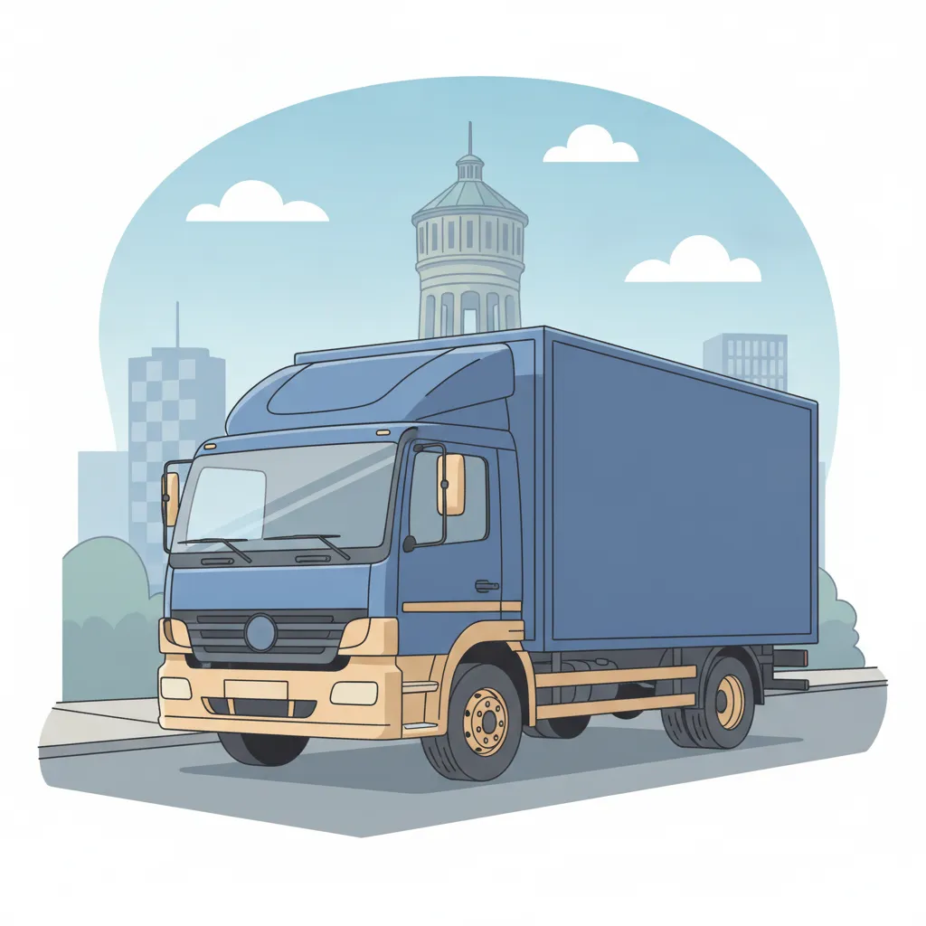 Comic-Illustration: geschlossener Umzugstransporter erreicht Mannheim – Umzug von Leipzig nach Mannheim