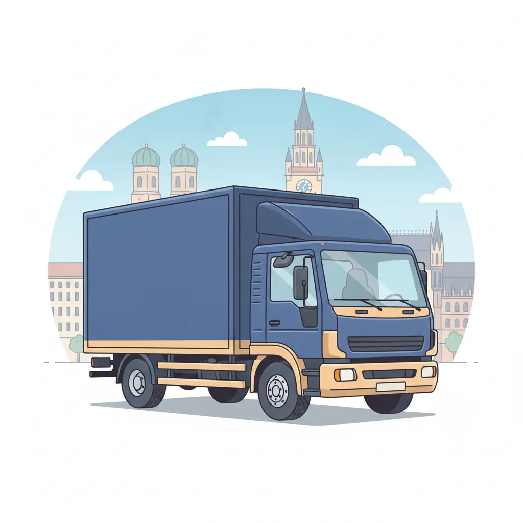 Comic-Illustration: geschlossener Umzugstransporter erreicht München – Umzug von Leipzig nach München