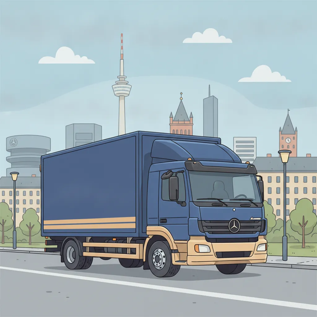 Comic-Illustration: geschlossener Umzugstransporter erreicht Stuttgart – Umzug von Leipzig nach Stuttgart