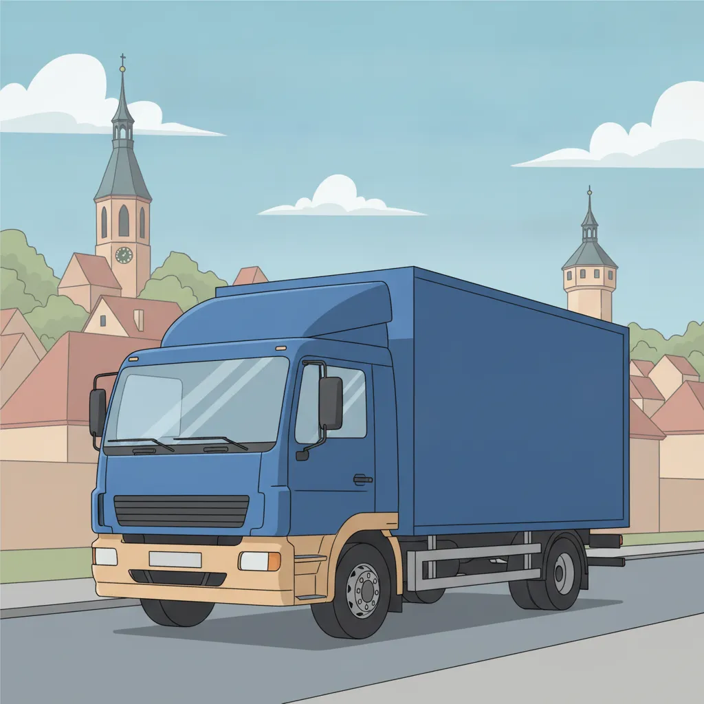 Comic-Illustration: geschlossener Umzugstransporter erreicht Tübingen – Umzug von Leipzig nach Tübingen