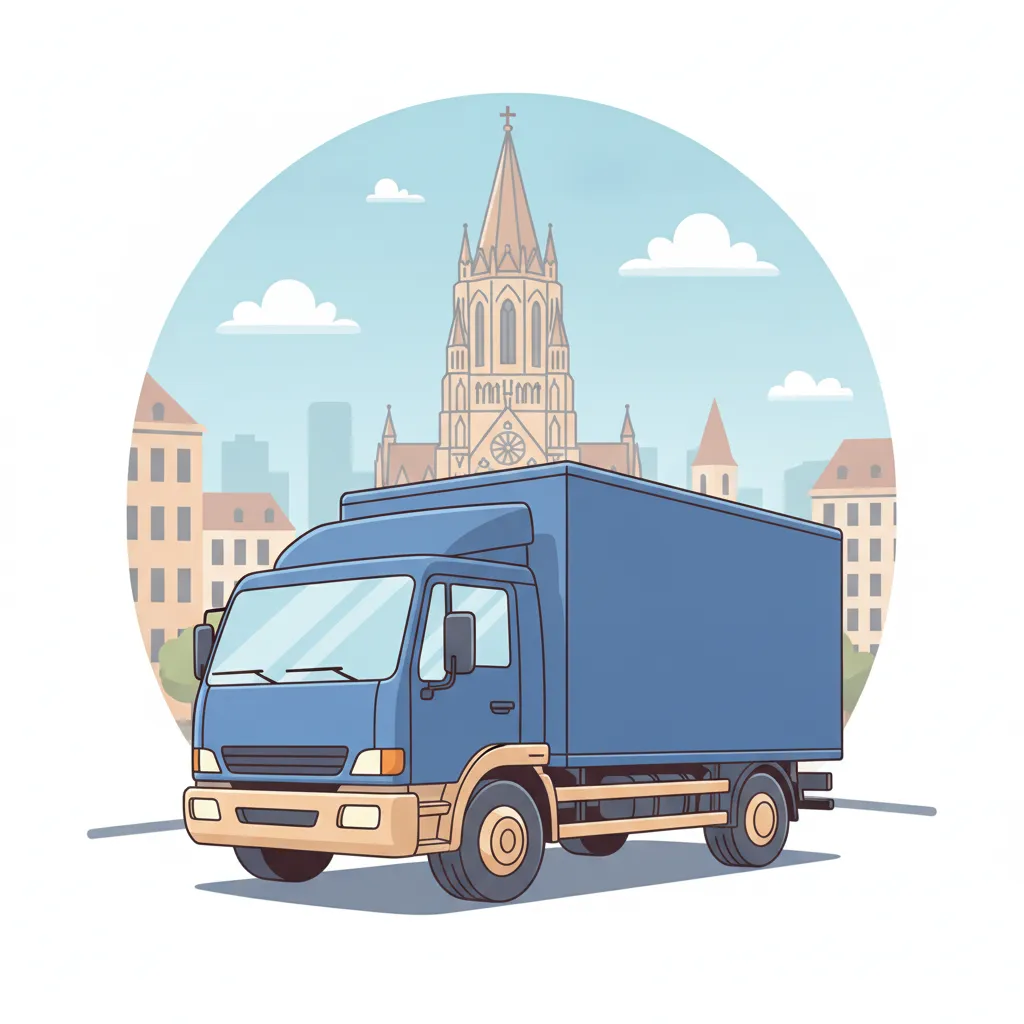 Comic-Illustration: geschlossener Umzugstransporter erreicht Ulm – Umzug von Leipzig nach Ulm