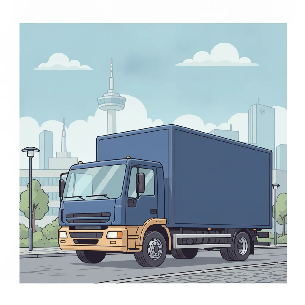 Comic-Illustration: geschlossener Umzugstransporter erreicht Wolfsburg – Umzug von Leipzig nach Wolfsburg